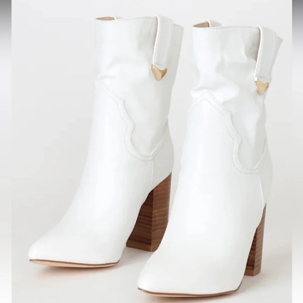 White Block Heel Ankle Booties - Picture 2 of 8